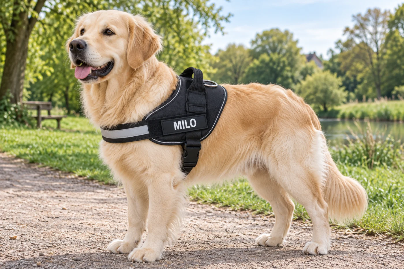 AI-generated scene of a dog wearing a harness with an example MILO name patch