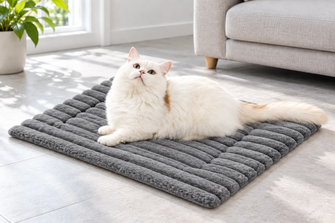 AI-generated scene of a white cat resting on a grey plush mat