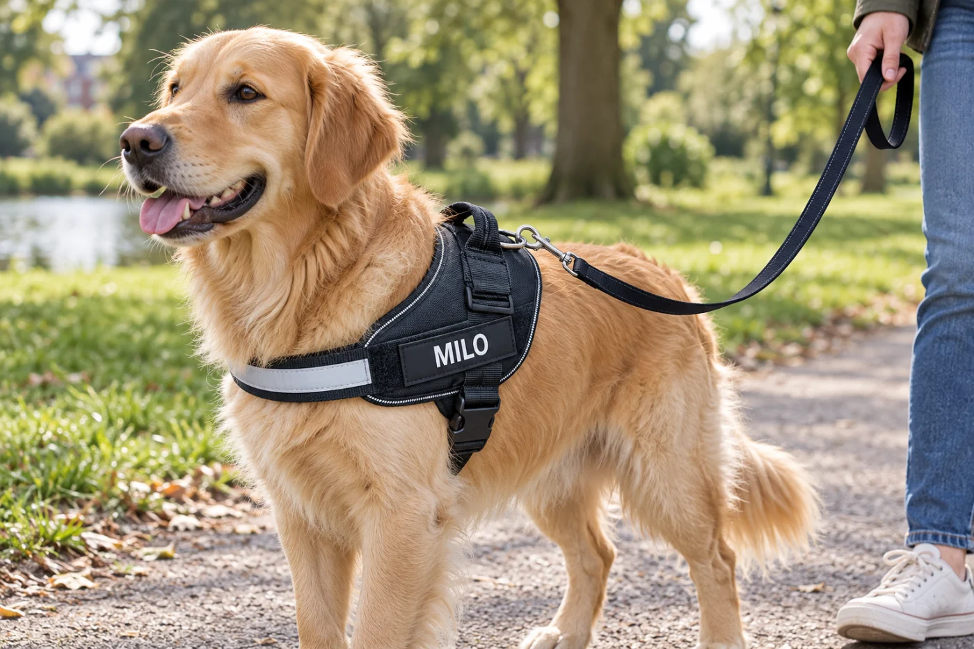 Illustrative AI scene of a dog wearing a personalised MILO harness beside a person holding its lead
