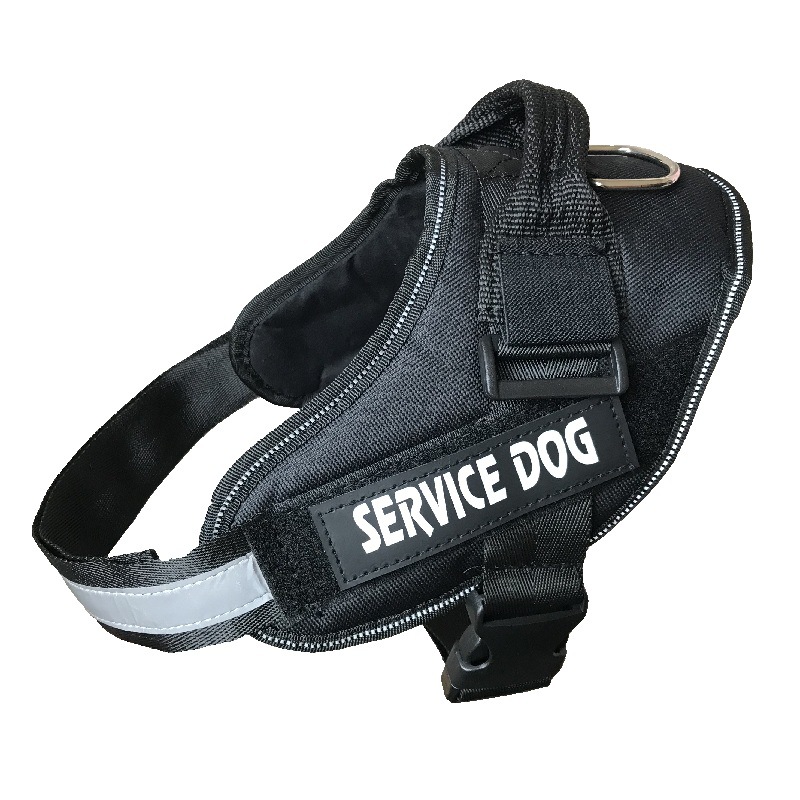 Black adjustable walking harness with removable supplier sample patches